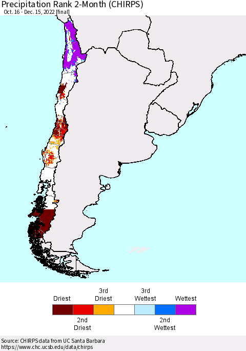 Chile Precipitation Rank 2-Month (CHIRPS) Thematic Map For 10/16/2022 - 12/15/2022