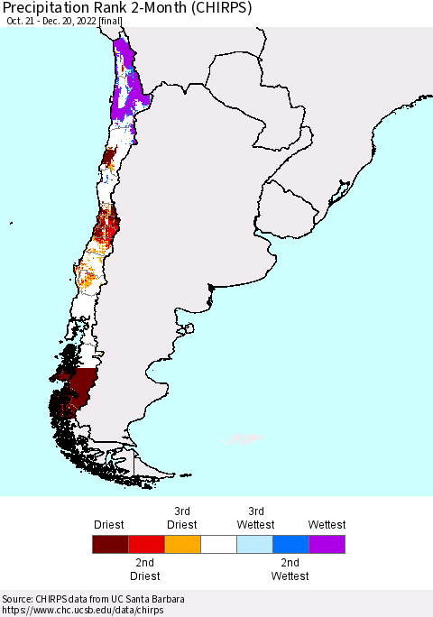Chile Precipitation Rank since 1981, 2-Month (CHIRPS) Thematic Map For 10/21/2022 - 12/20/2022