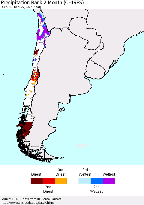 Chile Precipitation Rank 2-Month (CHIRPS) Thematic Map For 10/26/2022 - 12/25/2022