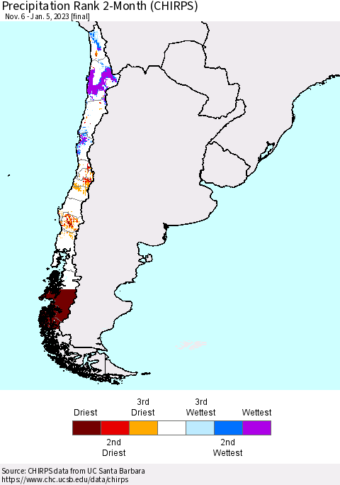 Chile Precipitation Rank 2-Month (CHIRPS) Thematic Map For 11/6/2022 - 1/5/2023