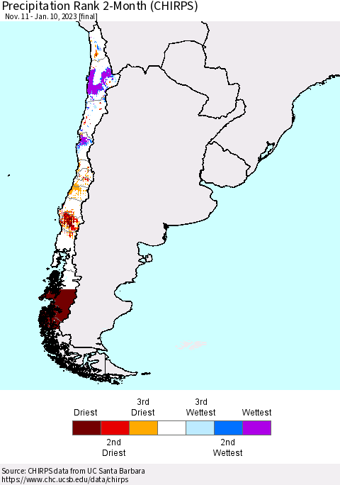 Chile Precipitation Rank since 1981, 2-Month (CHIRPS) Thematic Map For 11/11/2022 - 1/10/2023