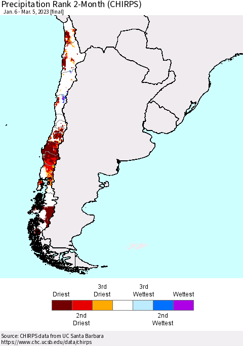 Chile Precipitation Rank since 1981, 2-Month (CHIRPS) Thematic Map For 1/6/2023 - 3/5/2023