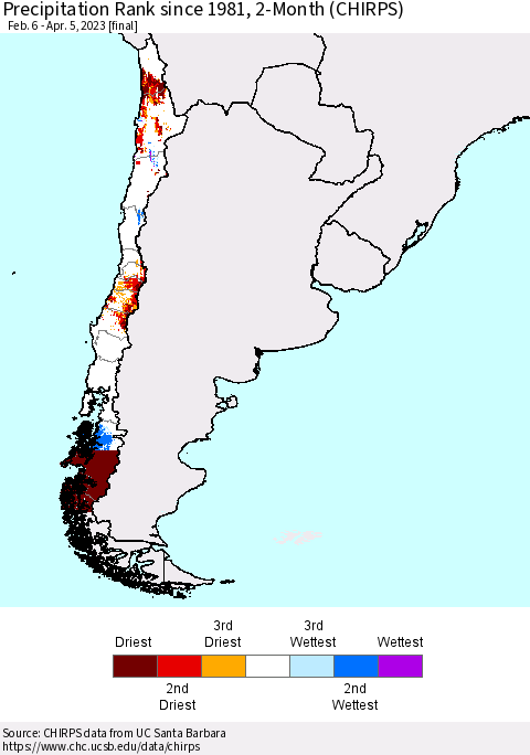Chile Precipitation Rank since 1981, 2-Month (CHIRPS) Thematic Map For 2/6/2023 - 4/5/2023