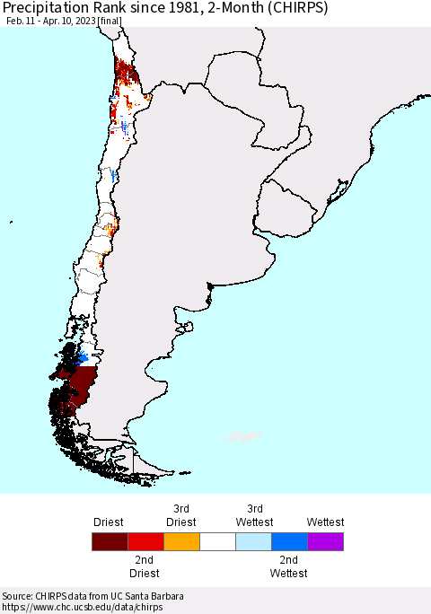 Chile Precipitation Rank since 1981, 2-Month (CHIRPS) Thematic Map For 2/11/2023 - 4/10/2023