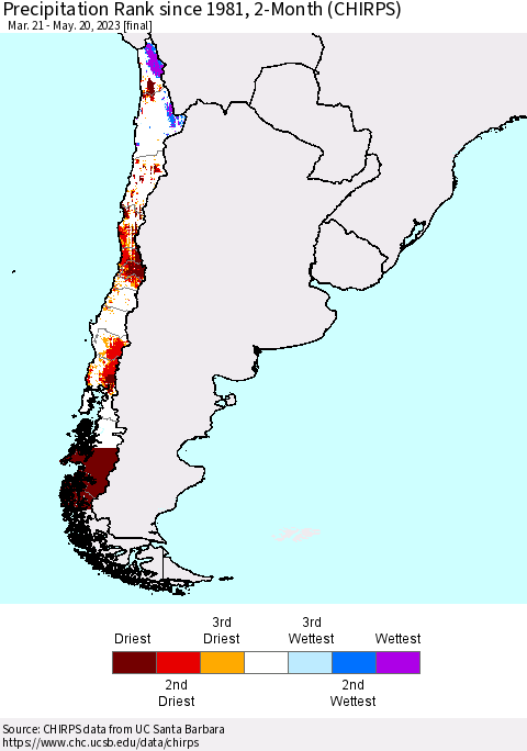 Chile Precipitation Rank since 1981, 2-Month (CHIRPS) Thematic Map For 3/21/2023 - 5/20/2023