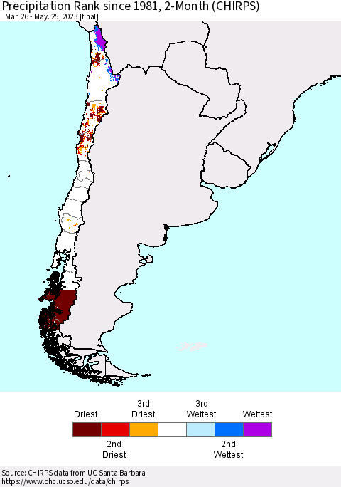 Chile Precipitation Rank since 1981, 2-Month (CHIRPS) Thematic Map For 3/26/2023 - 5/25/2023
