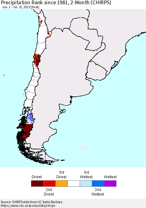 Chile Precipitation Rank since 1981, 2-Month (CHIRPS) Thematic Map For 6/1/2023 - 7/31/2023