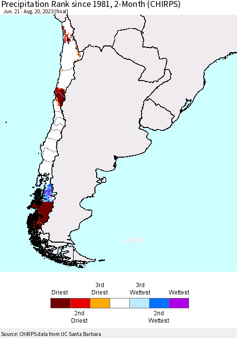 Chile Precipitation Rank since 1981, 2-Month (CHIRPS) Thematic Map For 6/21/2023 - 8/20/2023