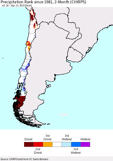 Chile Precipitation Rank since 1981, 2-Month (CHIRPS) Thematic Map For 7/16/2023 - 9/15/2023