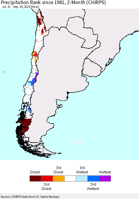 Chile Precipitation Rank since 1981, 2-Month (CHIRPS) Thematic Map For 7/21/2023 - 9/20/2023
