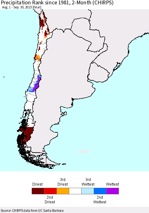 Chile Precipitation Rank since 1981, 2-Month (CHIRPS) Thematic Map For 8/1/2023 - 9/30/2023