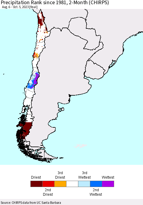 Chile Precipitation Rank since 1981, 2-Month (CHIRPS) Thematic Map For 8/6/2023 - 10/5/2023