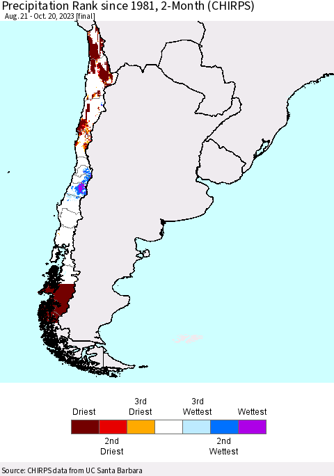Chile Precipitation Rank since 1981, 2-Month (CHIRPS) Thematic Map For 8/21/2023 - 10/20/2023