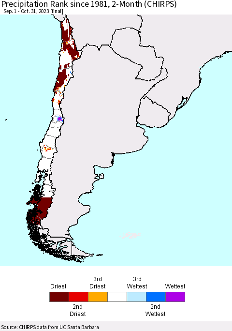 Chile Precipitation Rank since 1981, 2-Month (CHIRPS) Thematic Map For 9/1/2023 - 10/31/2023