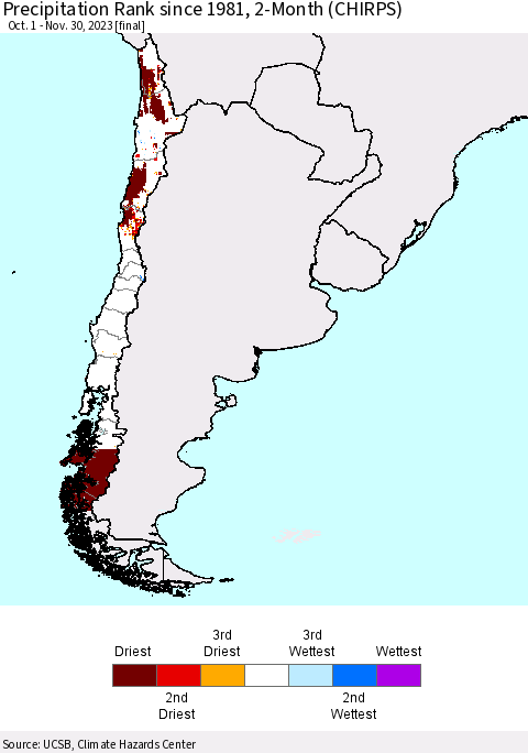 Chile Precipitation Rank since 1981, 2-Month (CHIRPS) Thematic Map For 10/1/2023 - 11/30/2023