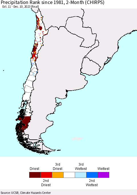 Chile Precipitation Rank since 1981, 2-Month (CHIRPS) Thematic Map For 10/11/2023 - 12/10/2023