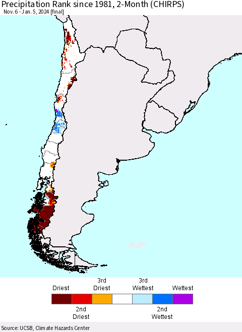 Chile Precipitation Rank since 1981, 2-Month (CHIRPS) Thematic Map For 11/6/2023 - 1/5/2024