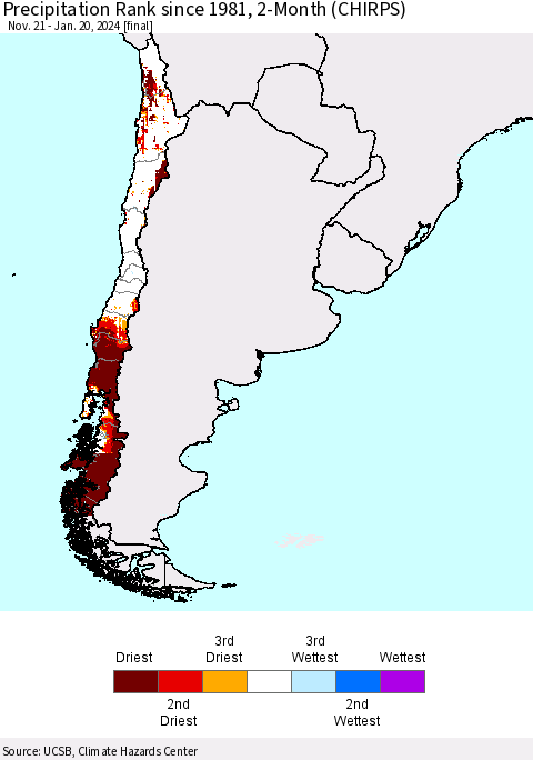 Chile Precipitation Rank since 1981, 2-Month (CHIRPS) Thematic Map For 11/21/2023 - 1/20/2024