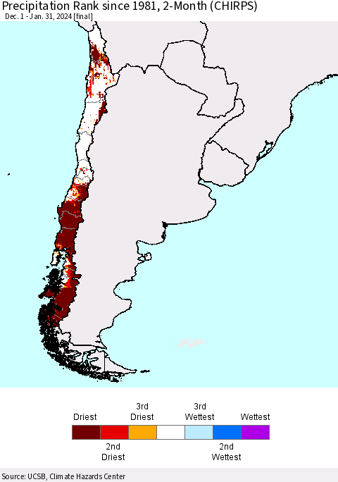 Chile Precipitation Rank since 1981, 2-Month (CHIRPS) Thematic Map For 12/1/2023 - 1/31/2024
