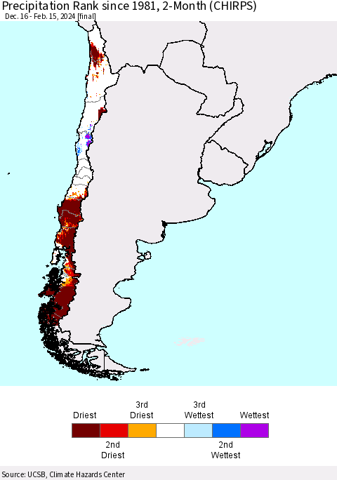 Chile Precipitation Rank since 1981, 2-Month (CHIRPS) Thematic Map For 12/16/2023 - 2/15/2024