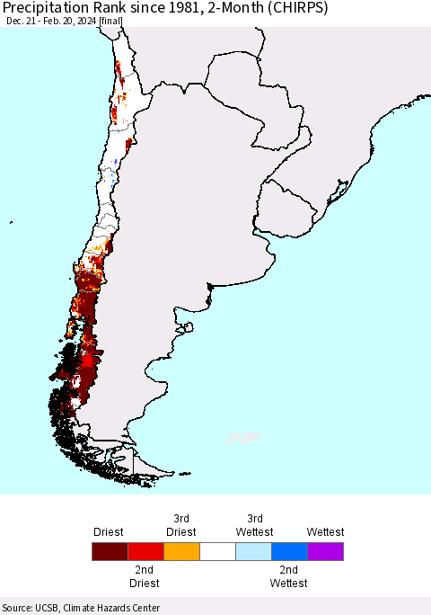Chile Precipitation Rank since 1981, 2-Month (CHIRPS) Thematic Map For 12/21/2023 - 2/20/2024