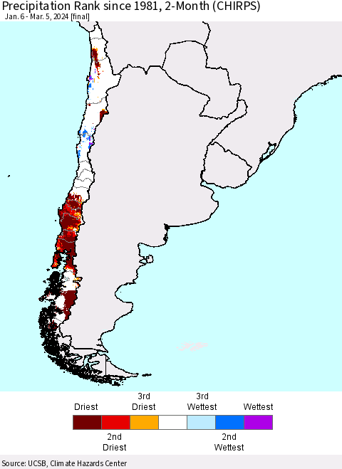 Chile Precipitation Rank since 1981, 2-Month (CHIRPS) Thematic Map For 1/6/2024 - 3/5/2024