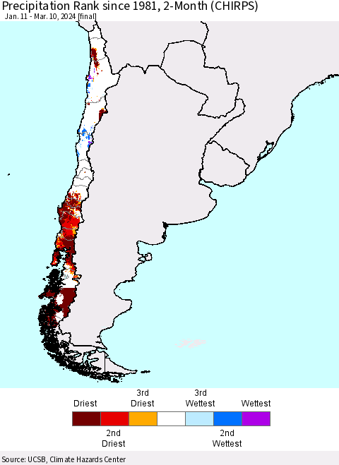 Chile Precipitation Rank since 1981, 2-Month (CHIRPS) Thematic Map For 1/11/2024 - 3/10/2024