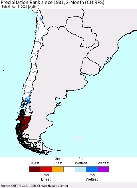 Chile Precipitation Rank since 1981, 2-Month (CHIRPS) Thematic Map For 2/6/2024 - 4/5/2024