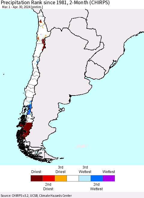 Chile Precipitation Rank since 1981, 2-Month (CHIRPS) Thematic Map For 3/1/2024 - 4/30/2024