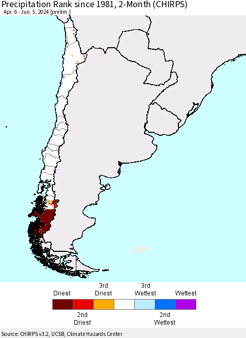 Chile Precipitation Rank since 1981, 2-Month (CHIRPS) Thematic Map For 4/6/2024 - 6/5/2024
