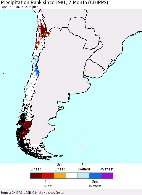 Chile Precipitation Rank since 1981, 2-Month (CHIRPS) Thematic Map For 4/16/2024 - 6/15/2024