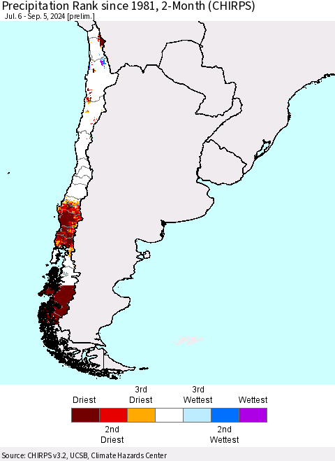 Chile Precipitation Rank since 1981, 2-Month (CHIRPS) Thematic Map For 7/6/2024 - 9/5/2024
