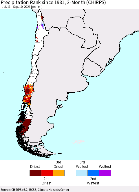 Chile Precipitation Rank since 1981, 2-Month (CHIRPS) Thematic Map For 7/11/2024 - 9/10/2024