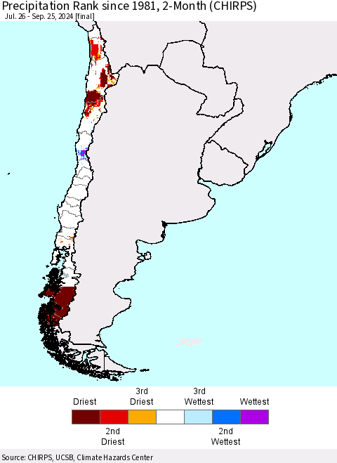 Chile Precipitation Rank since 1981, 2-Month (CHIRPS) Thematic Map For 7/26/2024 - 9/25/2024