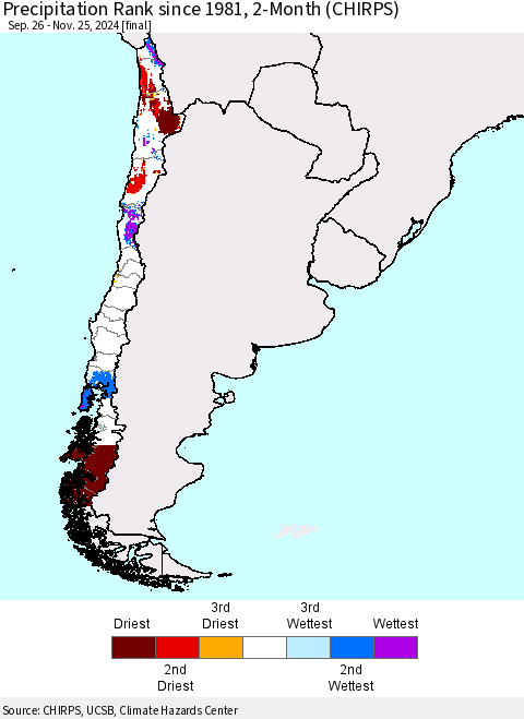 Chile Precipitation Rank since 1981, 2-Month (CHIRPS) Thematic Map For 9/26/2024 - 11/25/2024