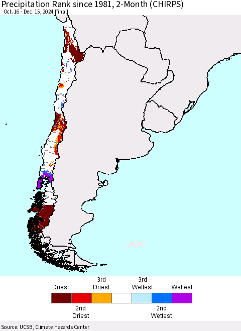 Chile Precipitation Rank since 1981, 2-Month (CHIRPS) Thematic Map For 10/16/2024 - 12/15/2024