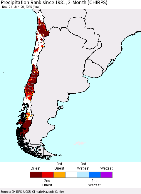 Chile Precipitation Rank since 1981, 2-Month (CHIRPS) Thematic Map For 11/21/2024 - 1/20/2025