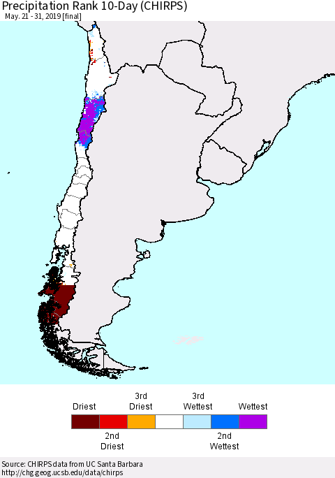 Chile Precipitation Rank since 1981, 10-Day (CHIRPS) Thematic Map For 5/21/2019 - 5/31/2019