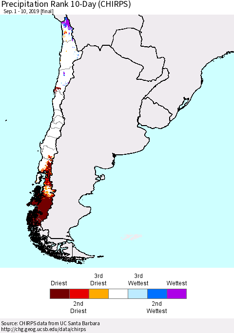 Chile Precipitation Rank since 1981, 10-Day (CHIRPS) Thematic Map For 9/1/2019 - 9/10/2019