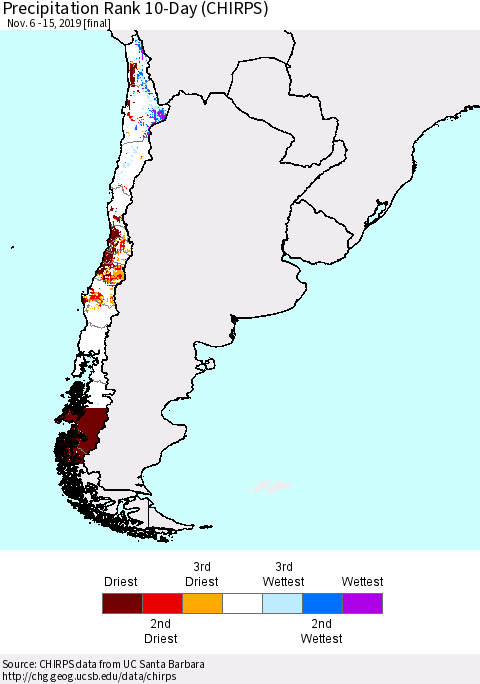 Chile Precipitation Rank 10-Day (CHIRPS) Thematic Map For 11/6/2019 - 11/15/2019
