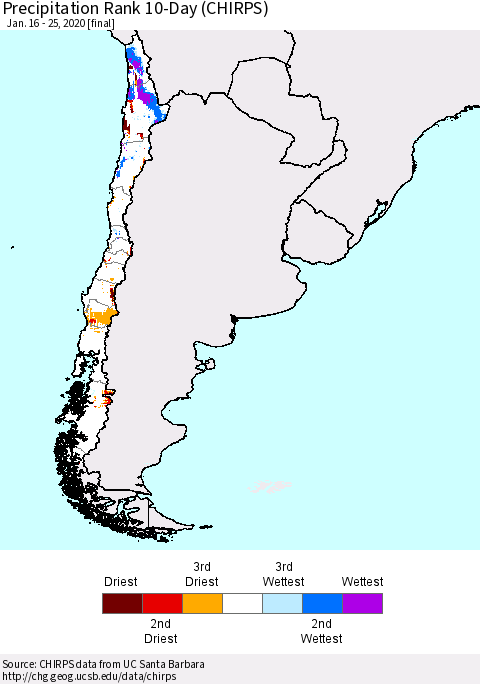 Chile Precipitation Rank since 1981, 10-Day (CHIRPS) Thematic Map For 1/16/2020 - 1/25/2020