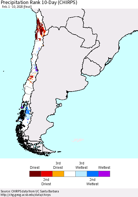 Chile Precipitation Rank since 1981, 10-Day (CHIRPS) Thematic Map For 2/1/2020 - 2/10/2020