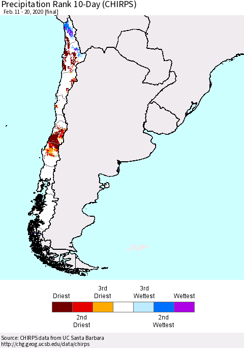 Chile Precipitation Rank since 1981, 10-Day (CHIRPS) Thematic Map For 2/11/2020 - 2/20/2020