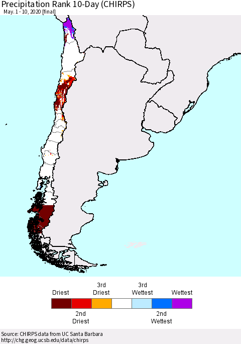 Chile Precipitation Rank since 1981, 10-Day (CHIRPS) Thematic Map For 5/1/2020 - 5/10/2020