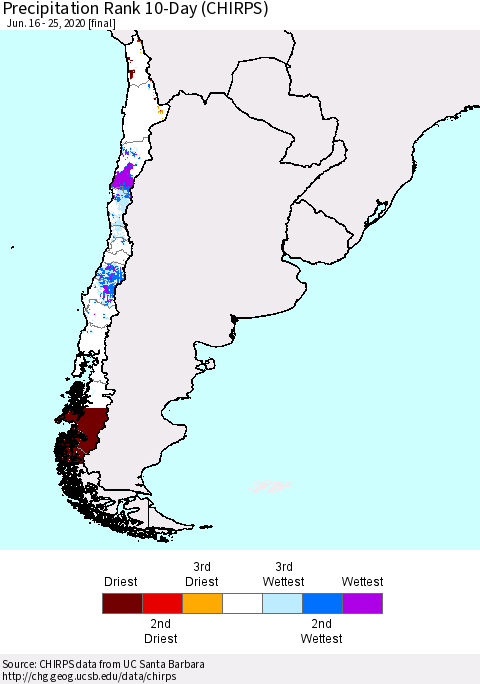 Chile Precipitation Rank 10-Day (CHIRPS) Thematic Map For 6/16/2020 - 6/25/2020