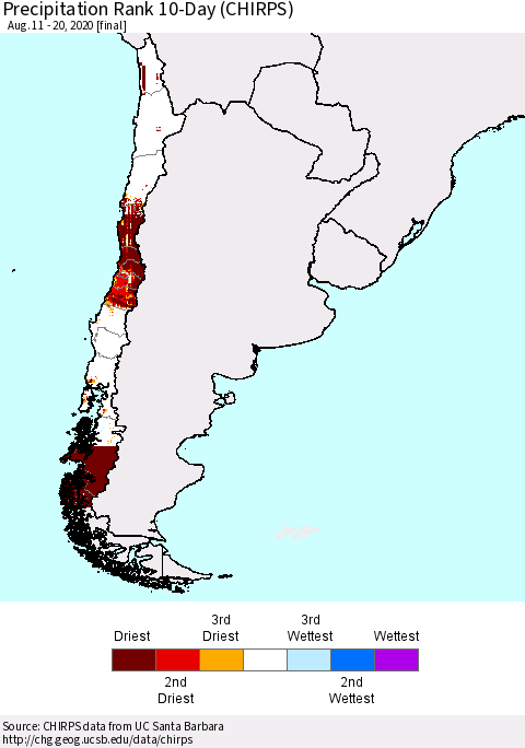 Chile Precipitation Rank 10-Day (CHIRPS) Thematic Map For 8/11/2020 - 8/20/2020