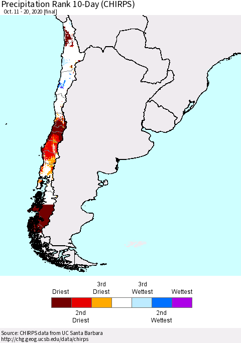 Chile Precipitation Rank since 1981, 10-Day (CHIRPS) Thematic Map For 10/11/2020 - 10/20/2020