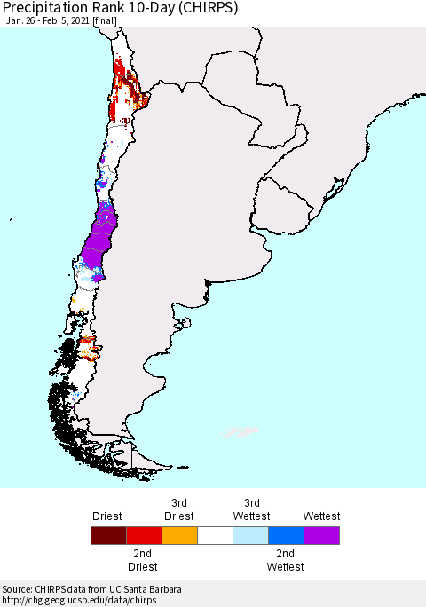 Chile Precipitation Rank since 1981, 10-Day (CHIRPS) Thematic Map For 1/26/2021 - 2/5/2021
