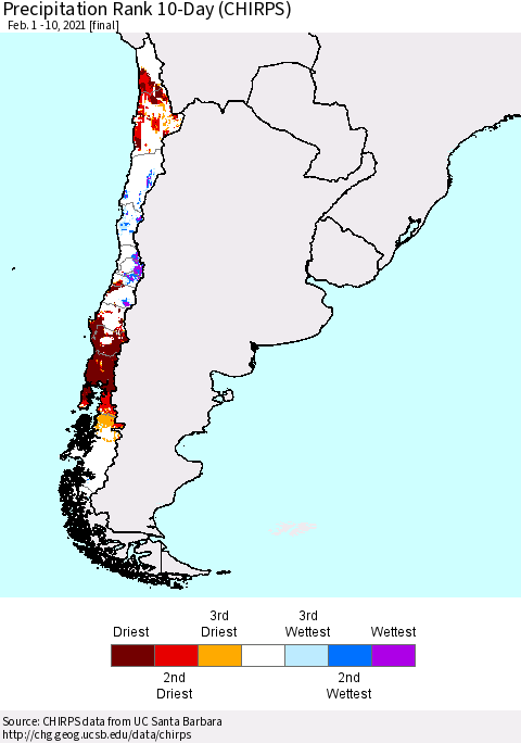 Chile Precipitation Rank 10-Day (CHIRPS) Thematic Map For 2/1/2021 - 2/10/2021