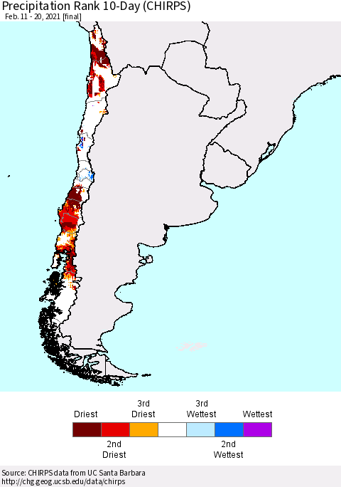 Chile Precipitation Rank since 1981, 10-Day (CHIRPS) Thematic Map For 2/11/2021 - 2/20/2021